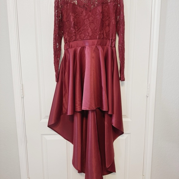 Dresses & Skirts - Spliced Burgundy Lace Satin High-Low Dress Long Sleeve Size Medium